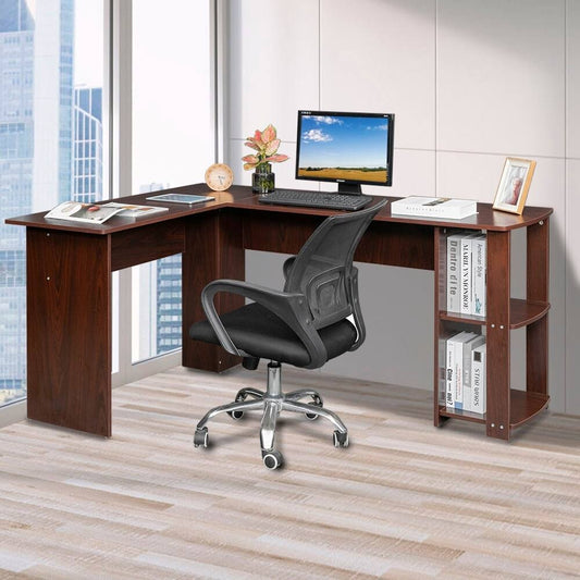 L-Shaped Wood Right-Angle Computer Desk with Two-Layer Bookshelves - Brown KKG0_Z7ZJN13