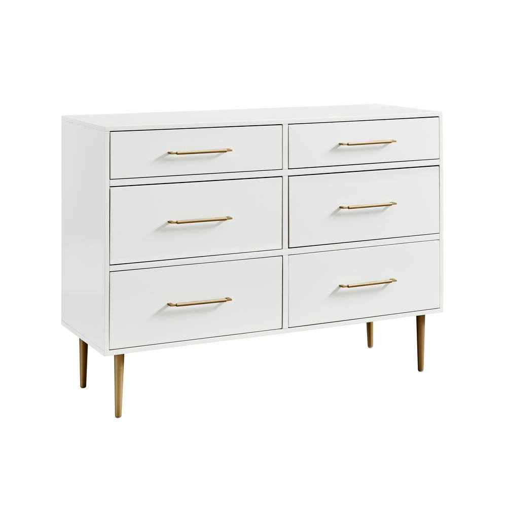 Linon Home Decor Products Winslett 6-Drawer White and Gold Wood Dresser 36.25 in. H x 50 in. W x 18 in. D, White/Gold HLT9_A6XJH60