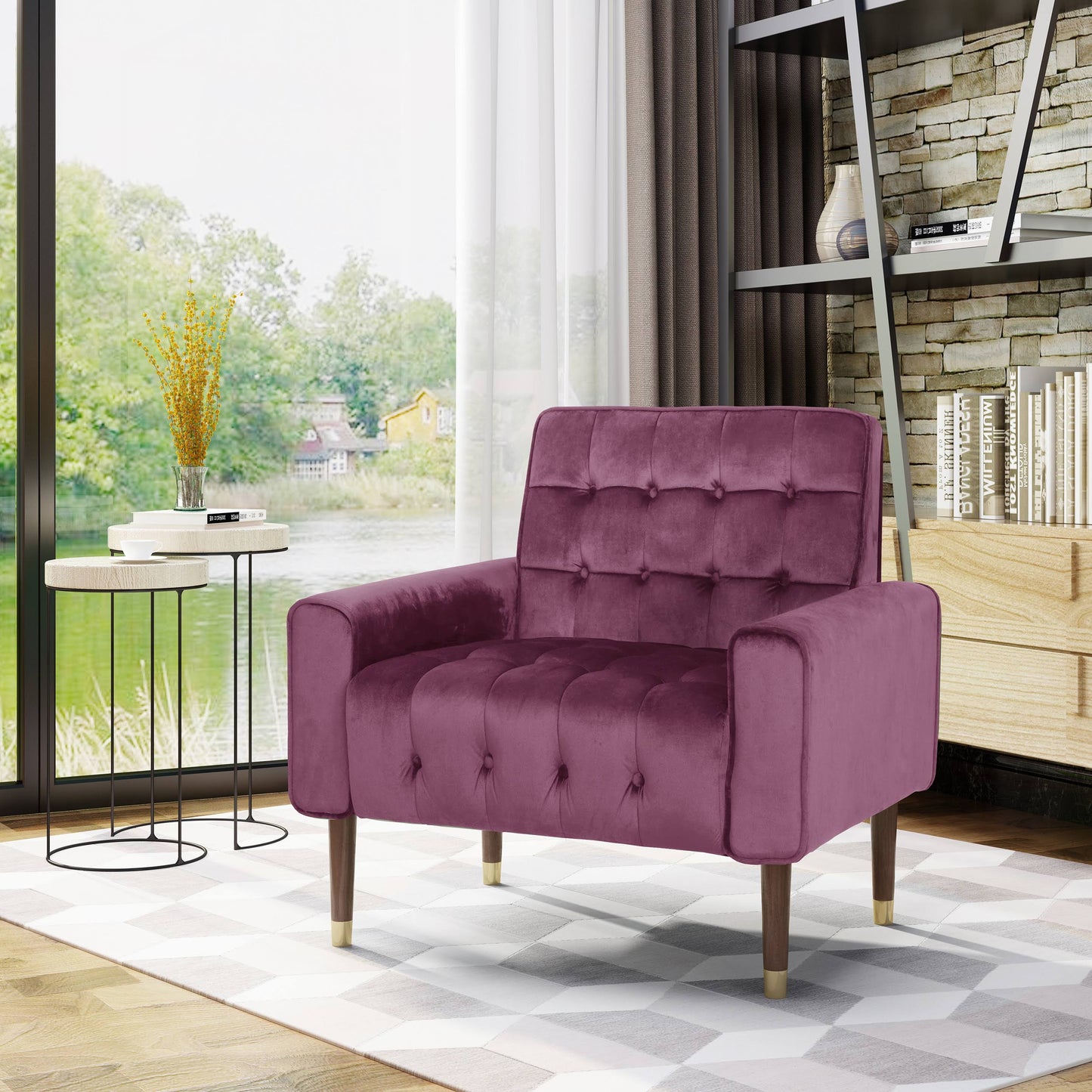 Betsy Velvet Armchair, Modern Glam, Button-Tufted, Waffle Stitching - Raisin FKF6_A2ASK71