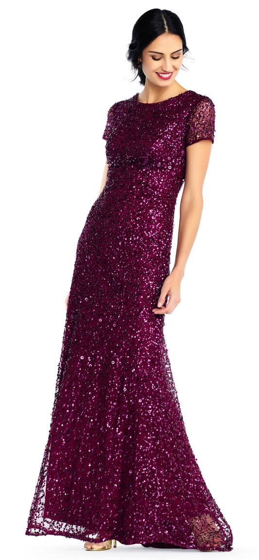 Adrianna Papell Scoop Back Sequin Gown, Cabernet, Size: 0 KIA4_E4PLR03