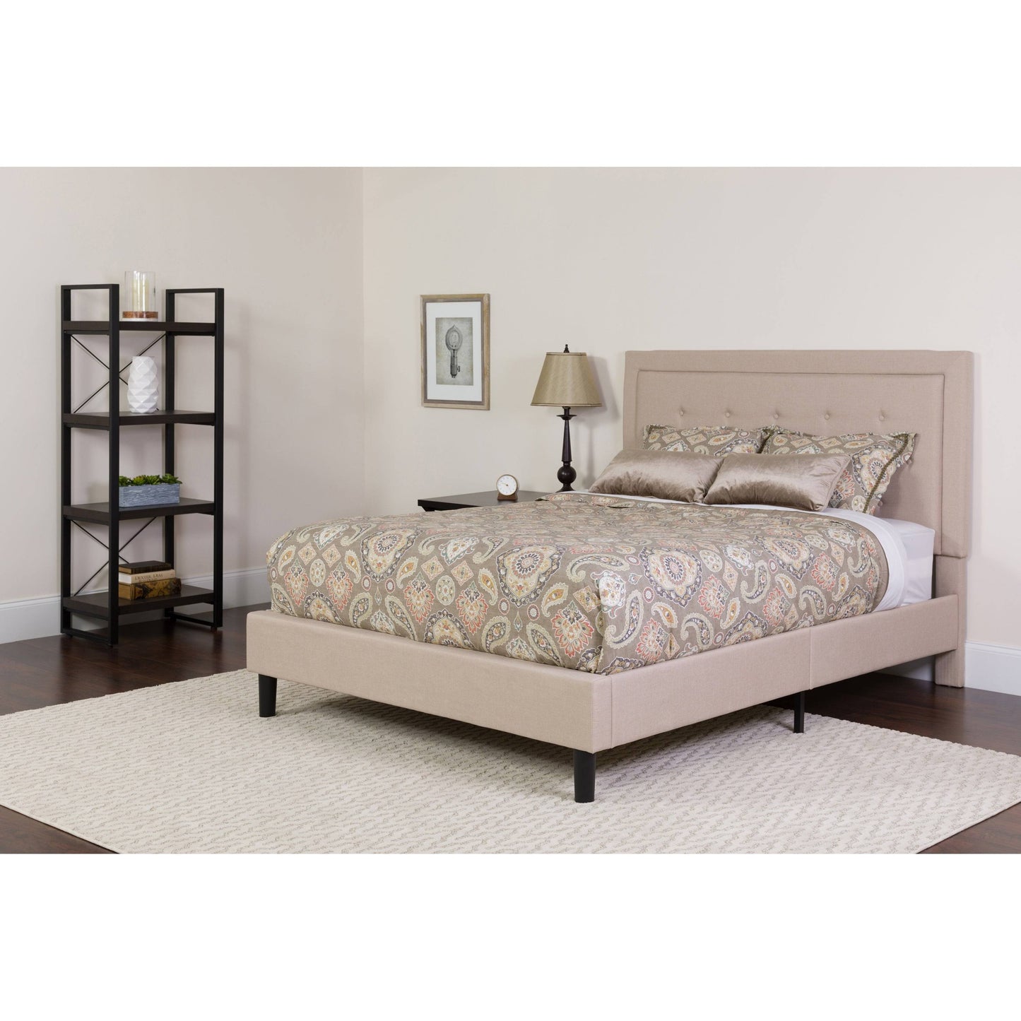 Grey Wood/Fabric Full Size Tufted Upholstered Platform Bed (Beige) UYY7_H1DPK28