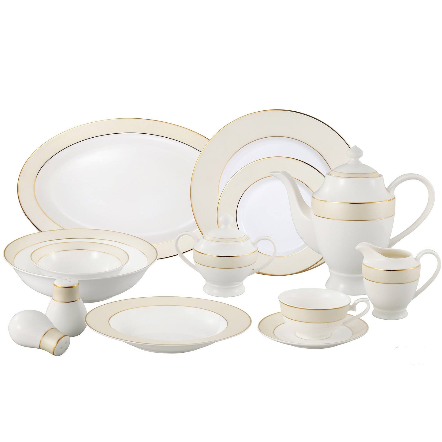 Lorren Home Trends La Luna Bone China 57-Piece Beige Border with 24K Gold Trim Dinnerware Set Service for 8 SXQ1_H3ZKW39