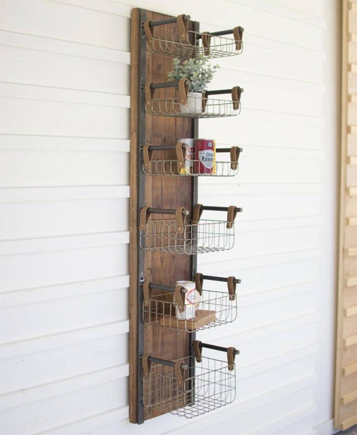 Recycled Wood  Metal Wall Rack W Six Wire Storage Baskets GXZ1_O9RQC03