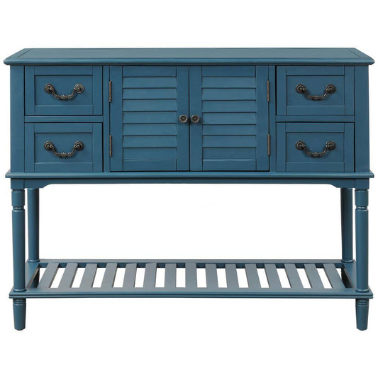 Qualfurn 45.3 in. Rectangle Antique Navy Wood Console Table with Shutter Doors and 4-Storage Drawers OUE9_Y1YJD23