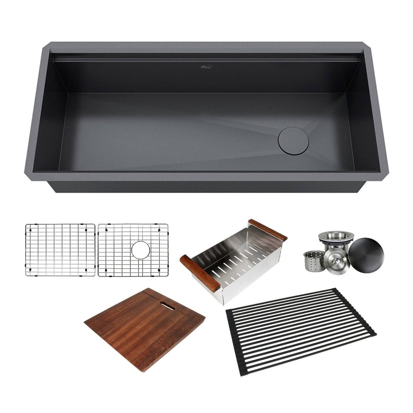 42 in. Stainless Steel Black All-in-One Workstation 16-Gauge Undermount Single Bowl Kitchen Sink Build-in Ledge and Accessories QVW9_T3ZYW90