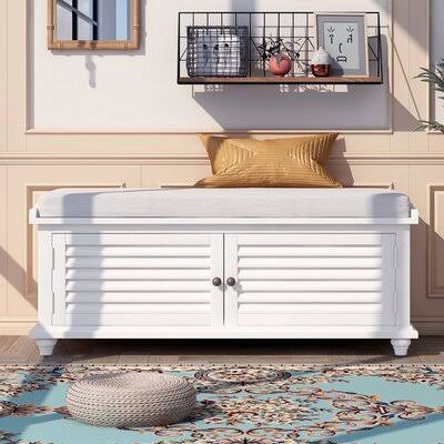 Wood Storage Bench with Large Cabinet and Removable Cushion for Hallway Canora Grey WAK3_D7XUS84