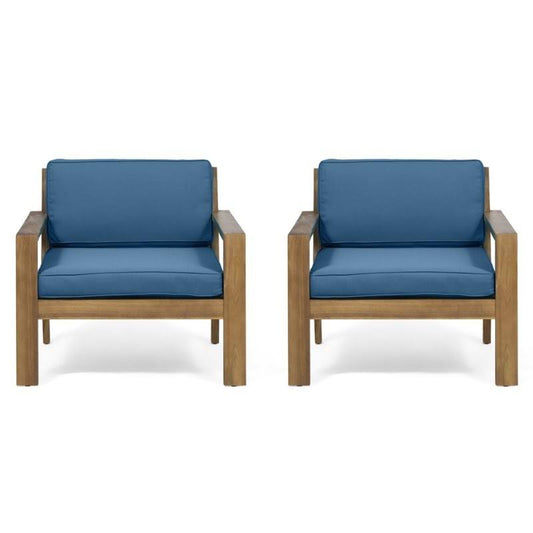 Ayaan Outdoor Acacia Wood Club Chairs with Cushions, Set of 2, Teak and Dark Teal BEL3_I3CAD61