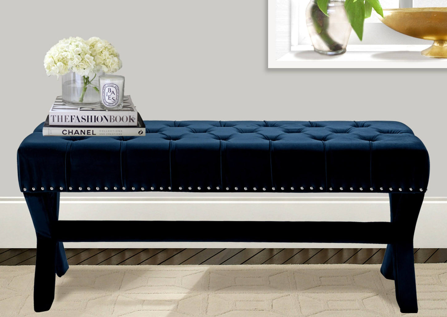 Chic Home Neil Navy Velvet Button Tufted Nailhead Bench TQY2_D8RPG32