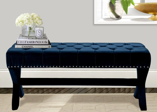 Chic Home Neil Navy Velvet Button Tufted Nailhead Bench TQY2_D8RPG32