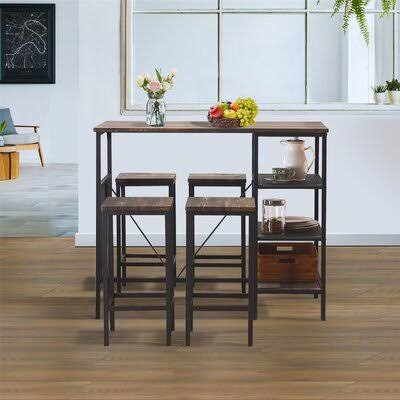 Wellen 5 - Piece Counter Height Dining Table Set, Industrial Style Bar Pub Table with 4 Bar Stools 17 Stories Table Top Color: B PSF5_G6IYQ22