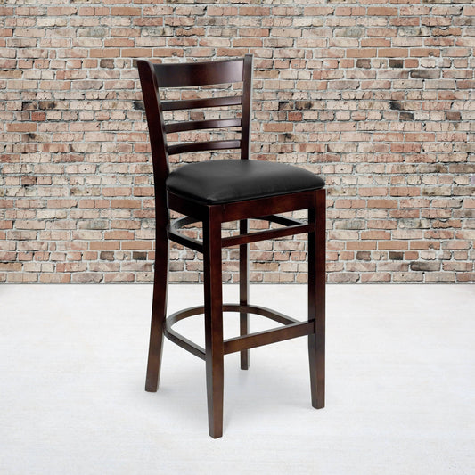 Lancaster Home 2 Pack Vertical Slat Back Wooden Restaurant Barstool - 16.75x22W x 19x22D x 43.75x22H - Black Vinyl Seat/ Walnut  BJF6_I3HVN69