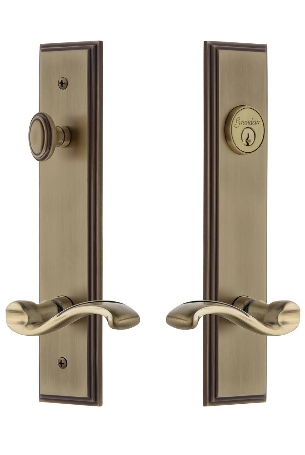 Grandeur Hardware Carre Tall Plate Complete Entry Set Portofino Lever in Vintage Brass ILP4_P3BKV93