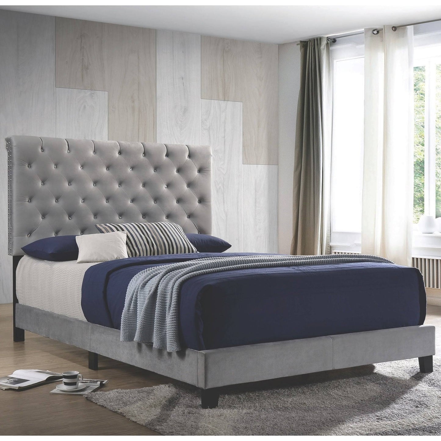 Modern Elegant Button Tufted Design Grey Velvet Upholstered Bed - Full DIQ3_W6GQZ96