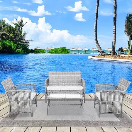 4-Piece Outdoor Patio Furniture Sets, Wicker Patio Furniture Sets with Two Single Sofa, One Loveseat, Tempered Glass Table, Chat IGC3_P7UYK21