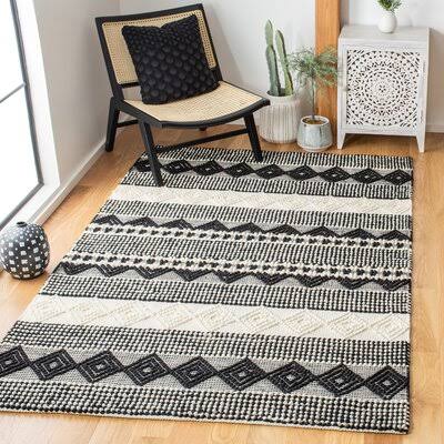 Stimpson Striped Handmade Flatweave Wool/Cotton Ivory/Black Area Rug Industrial Lodge Home Rug Size: Rectangle 9& x 12& YYZ2_T2ZFC70