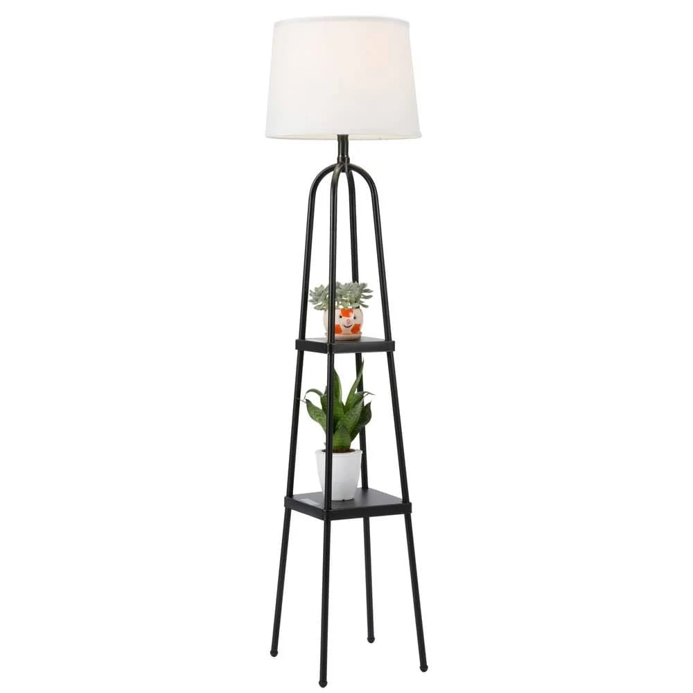 Merra 58.1 in. Black LED Shelf Floor Lamp with White Fabric Shade Metal Construction WNE6_R5DEO58