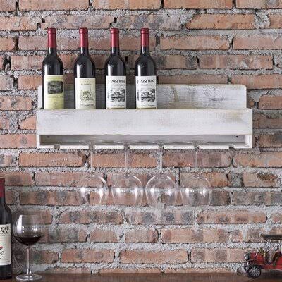 Rustic Whitewashed Wood Wall-Mounted Wine Rack with Bottle  Glass Holder Gracie Oaks WKU7_D7PRA04