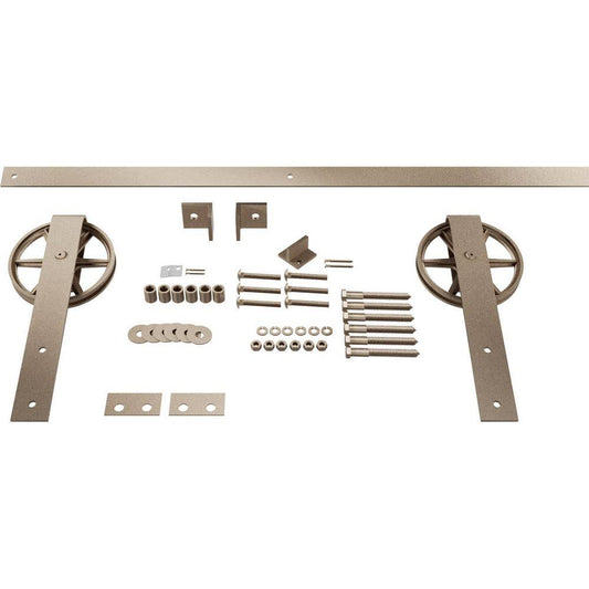 Premium Wagon Wheel Strap Barn Door Hardware Set w/ 8 Track for 2 1/4 inch Doors, White Bronze, Size: Track Length: 96 inch EOT3_O5LIV74