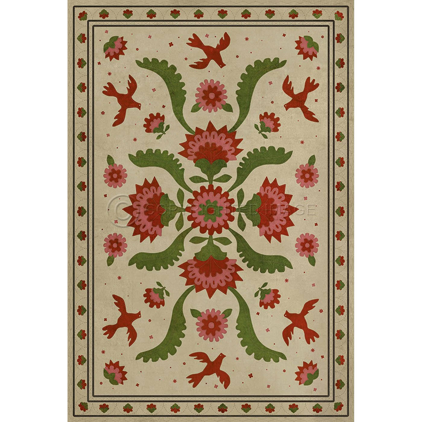 Spicher and Company 5&0x22 x 5&0x22 Square Distressed Cream/Red/Green - The Frolic Round/Square Williamsburg Vintage Vinyl Appli GJO8_U5YYG47