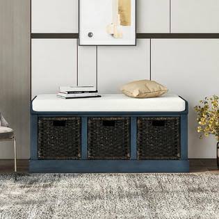 TREXM Rustic Wood Storage Bench w/Removable BasketCushion Entryway Living Room Navy RYE9_V7RJS94