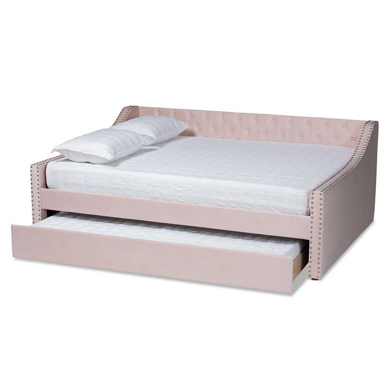 Bowery Hill Pink Velvet Upholstered Queen Size Daybed with Trundle FVY2_M7KLZ94