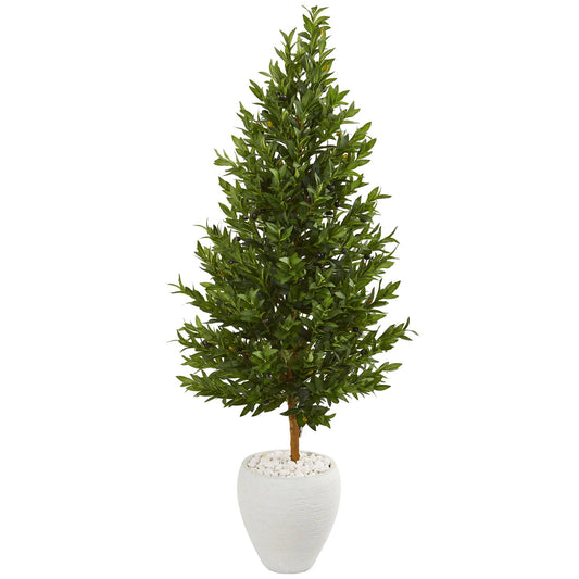 5& Olive Cone Topiary Artificial Tree in White Planter UV Resistant (Indoor/Outdoor) - Nearly Natural LVF0_M8DEQ83