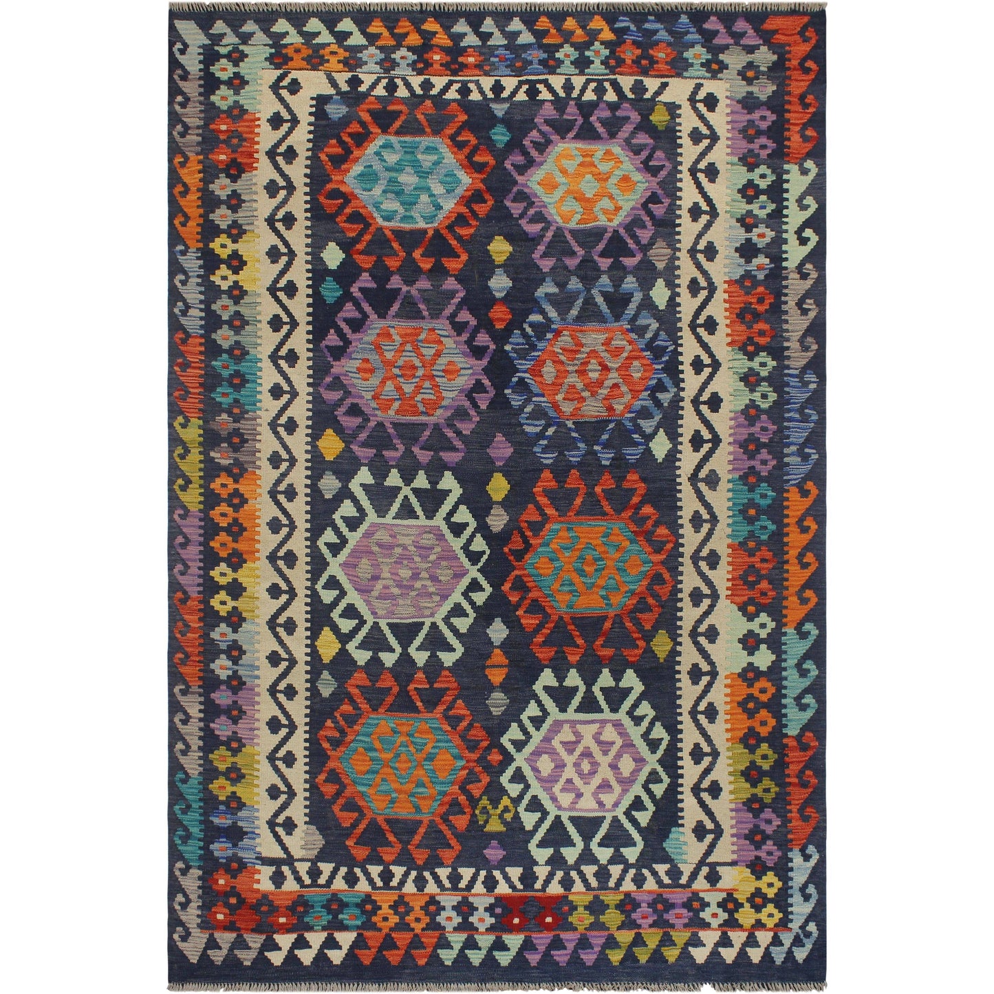 Geometric Kilim Aimee Blue Beige Hand Woven Area Rugs LWP6_K6LCV26