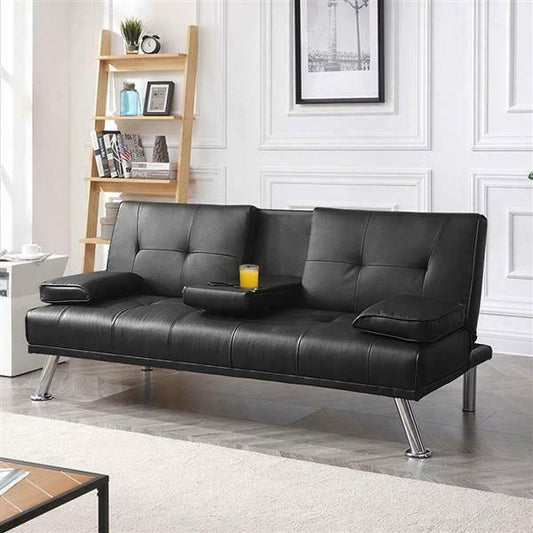 Easyfashion Black Sofa Bed Luxurygoods Modern Faux Leather Futon with Cup Holders BYC3_W2JXB33