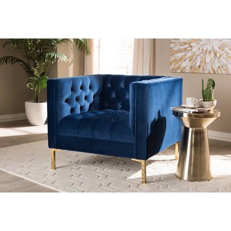 Skyline Decor Zanetta Luxe and Glamour Navy Velvet Upholstered Gold Finished Lounge Chair, Blue NOP1_K2NXU91