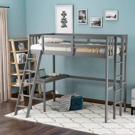 Euroco Twin High Loft Bed with Desk  Double Ladders for Kids, Gray RHV6_V6GLA53