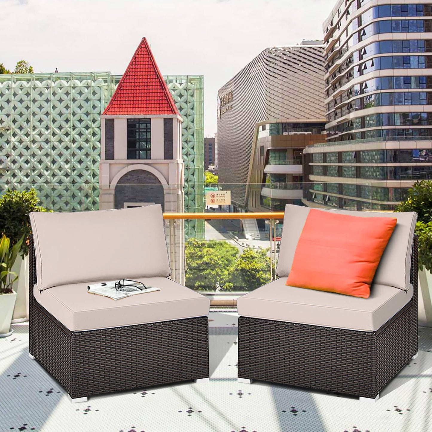 Costway 2pcs Patio Rattan Armless Sofa Sectional Furniture w/Cushion VDF0_H0XOT98