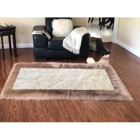 Lambzy Faux Sheepskin Camel Border Area Rug, White 8x11, Brown BRD0_U9MPL79