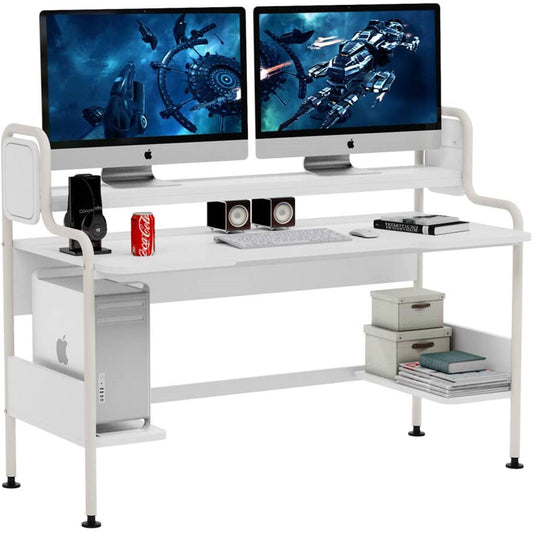 55 inch Computer Desk with Hutch Large Gaming Desk with Shelves - White JWR6_W1KSR54