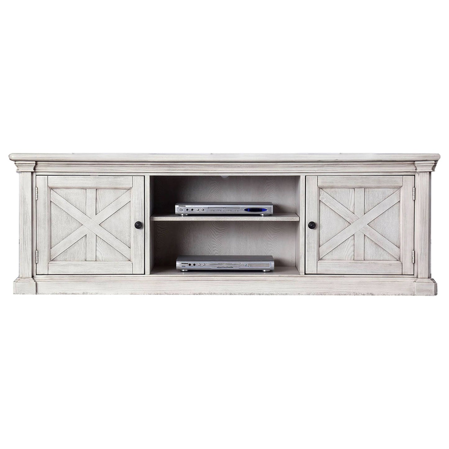 Benjara Bm217510 Cottage Wooden TV Stand with 2 Cabinets and 2 Open Shelves, Antique White OZE6_O2BUX09