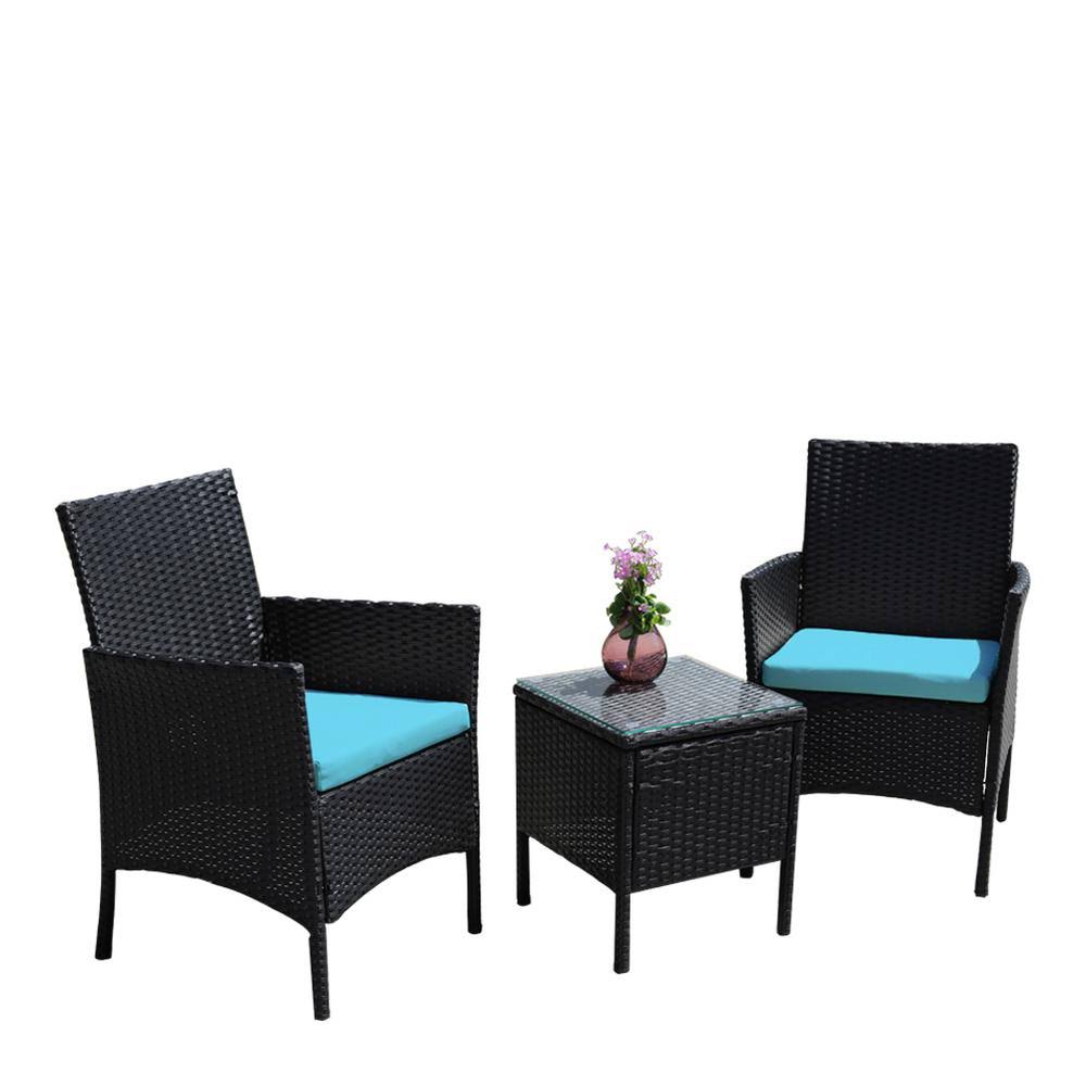 CASAINC Black 3-Piece Rattan Wicker Patio Conversation Set with Blue Cushion VRV8_P4OSB54