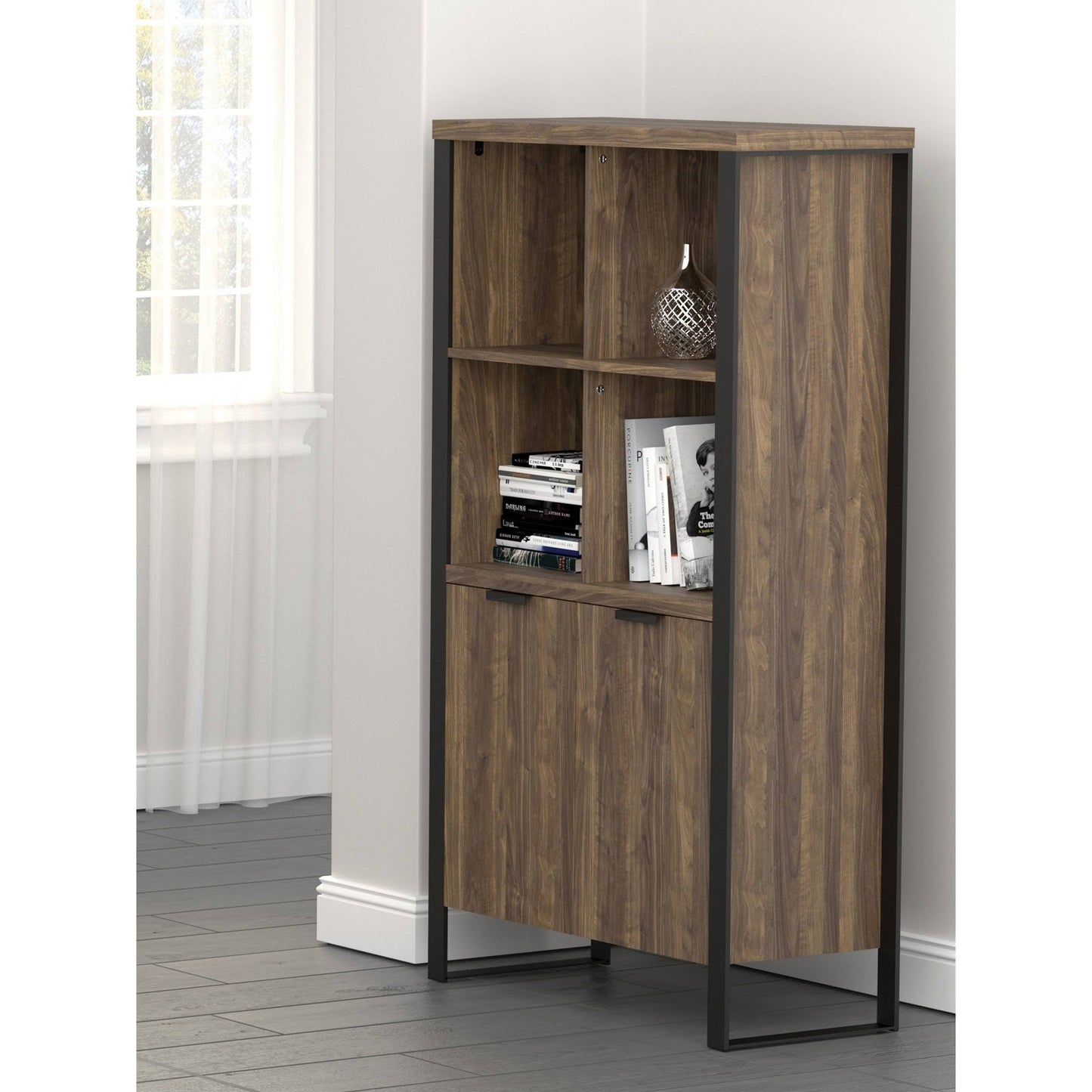 Aalto Aged Walnut 2-Door Bookcase - Gunmetal - Wood Finish/Metal Finish/Walnut Finish YMK6_W5FAX75