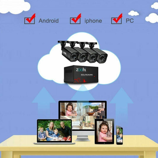 Camera Security System Zoohi AHD Outdoor CCTV 1080p DVR Kit CCTV Home Video - 1T - 1080p 4 Cameras 4CH KBS8_V3WBT13