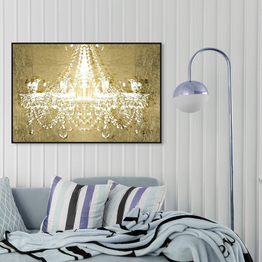 Oliver Gal Fashion and Glam Wall Art Framed Canvas Prints Dramatic Entrance Gold Chandeliers - Gold, White - 45 x 30 - Black WEM6_Z9XYJ44