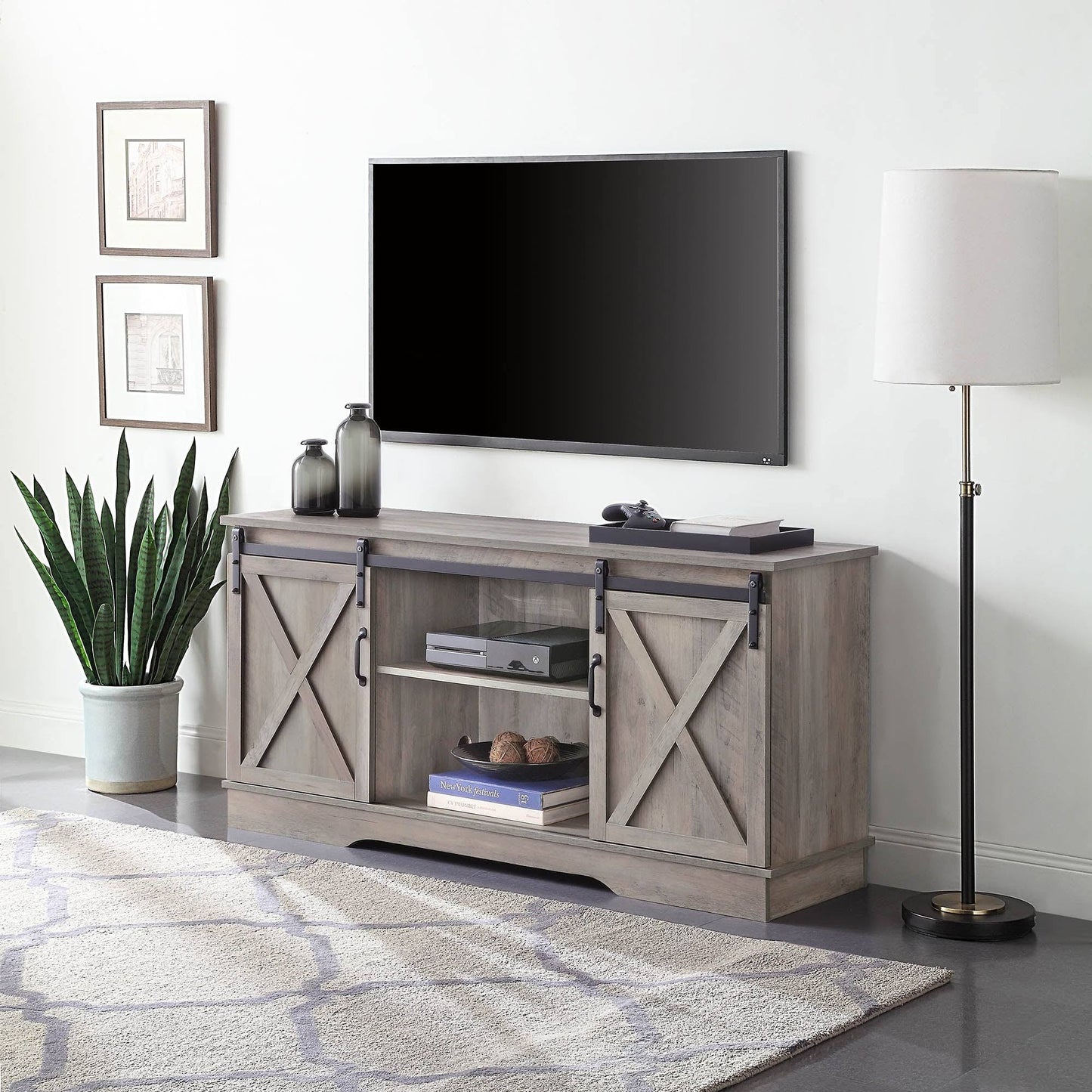 Belleze 58x22 Sliding Barn Door TV Stand Console w/ Storage, Gray Wash - Standard FJF5_T5XOE83