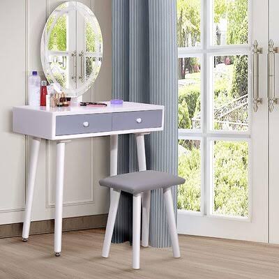 Corrigan Studio White Vanity Desk with Drawers and Lighted Mirror, Makeup Vanity Table Set with 3 Color Touch Screen LED Lights  CIH8_J6BQO96