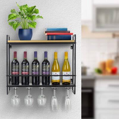 Wine Bottle Stemware Glass Rack, Industrial 2-Tier Wood Shelf, Wall Mounted Wine Racks with 5 Stem Glass Holders for Wine Glasse DVJ0_P5KDD55