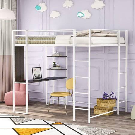 Sentern Metal Loft Bed with Desk and 2 Shelves, Twin, Size: Please REFER to The Image, White QEA2_Q5TWE57