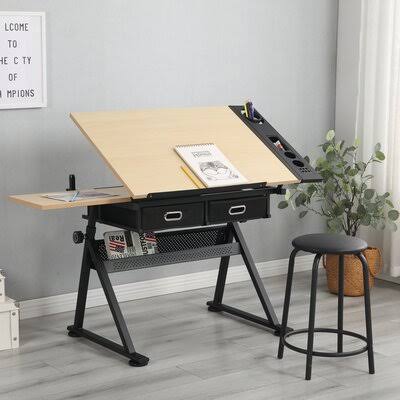 Wood Height Adjustable Drafting Desk with Chair Set Inbox Zero QSL2_C1QLX25