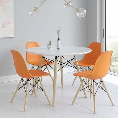 5 - Piece Dining Set George Oliver Table Base Color: Natural, Chair Color: Orange/Natural JLC4_Z2XYW48