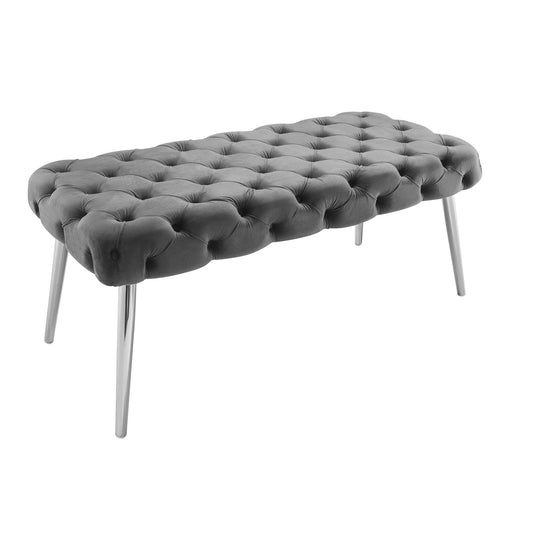 Nicole Miller Marshall Velvet Bench, Button Tufted/ Metal Tapered Legs - Grey/ Chrome BHH8_E6DVX66