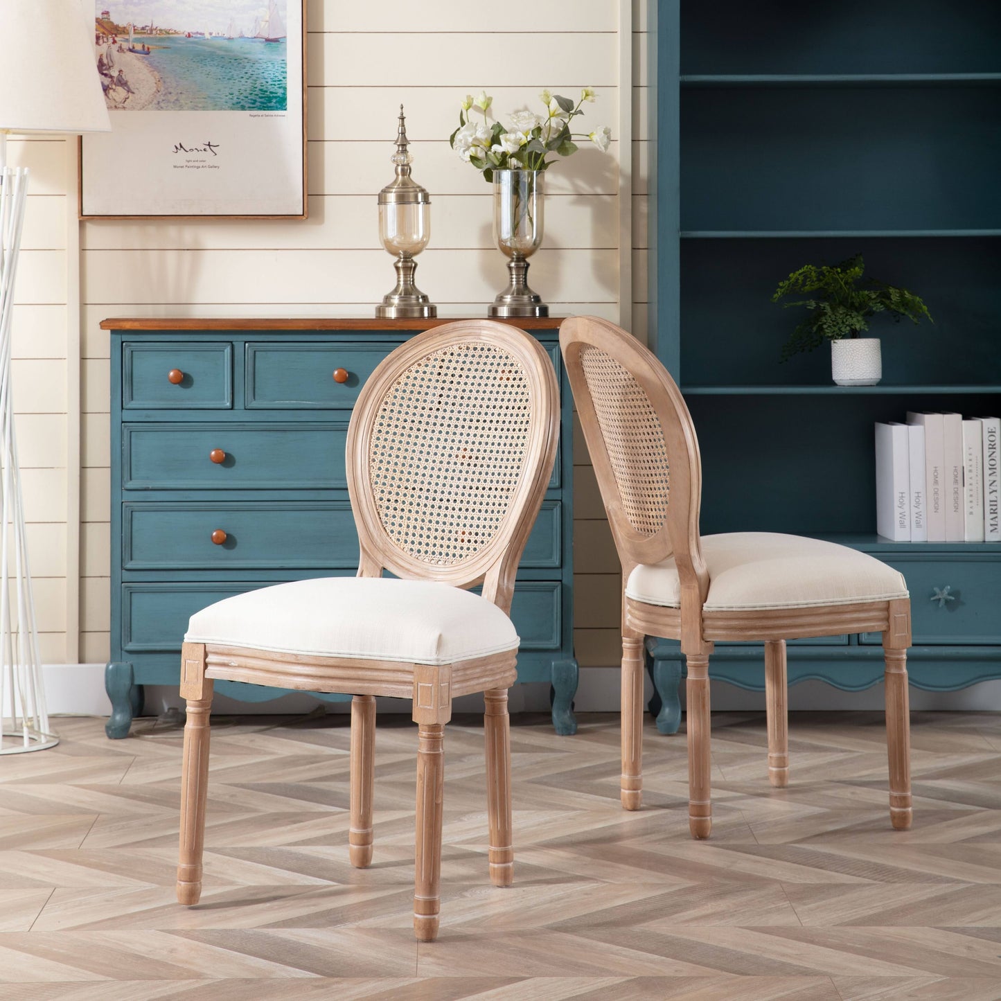 Nestfair Beige Upholstered Fabrice with Rattan Back French Dining Chair (Set of 2) BSK2_I7CPA82