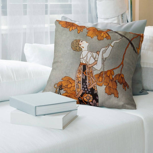 Porch  den George Barbier &Woman in Gray& Throw Pillow - 16 x 16 - Orange  Gray - Cotton QTB9_D2BTG29