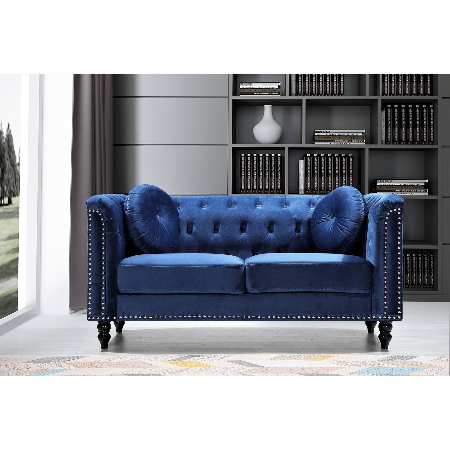 Calvin Classic Velvet Kittleson Nailhead Chesterfield Loveseat - Dark Blue UXI6_Z4OBD92