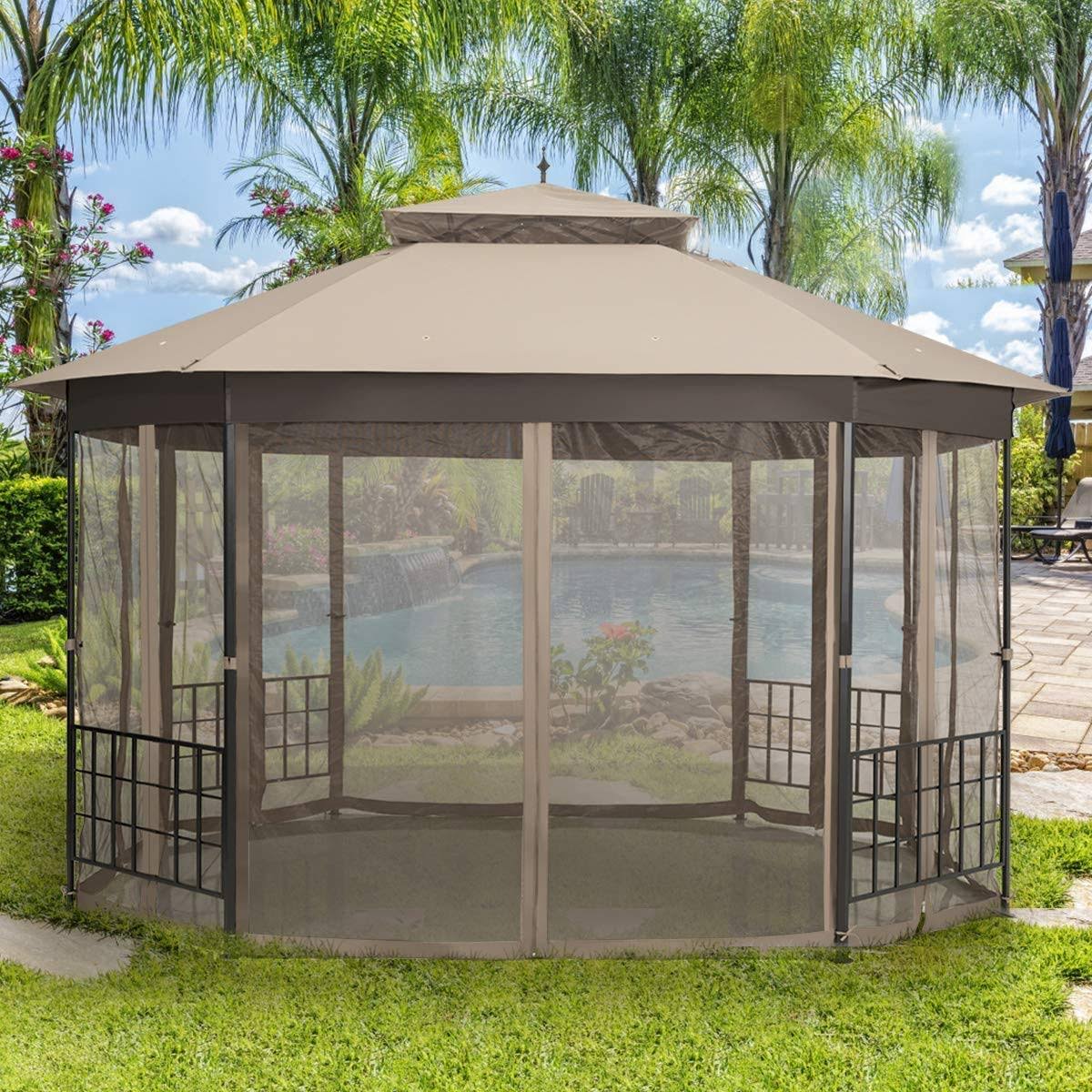 Moccha 10 x 12 ft Heavy Duty Octagonal Canopy Tent Patio Gazebo with Netting Sidewalls and Sturdy Steel Frame, Double Roof Vente YXQ5_J2XZS66