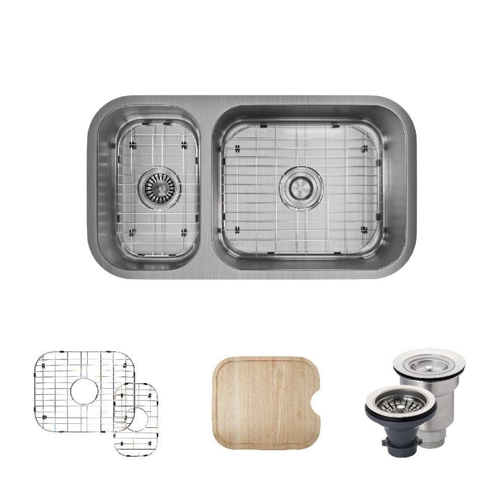 Rene R1-1024BR-18 Offset Double Bowl Undermount Stainless Steel Kitchen Sink in 18-Gauge with Cutting Board, Two Grids, and Two  CVO1_H7RSP96